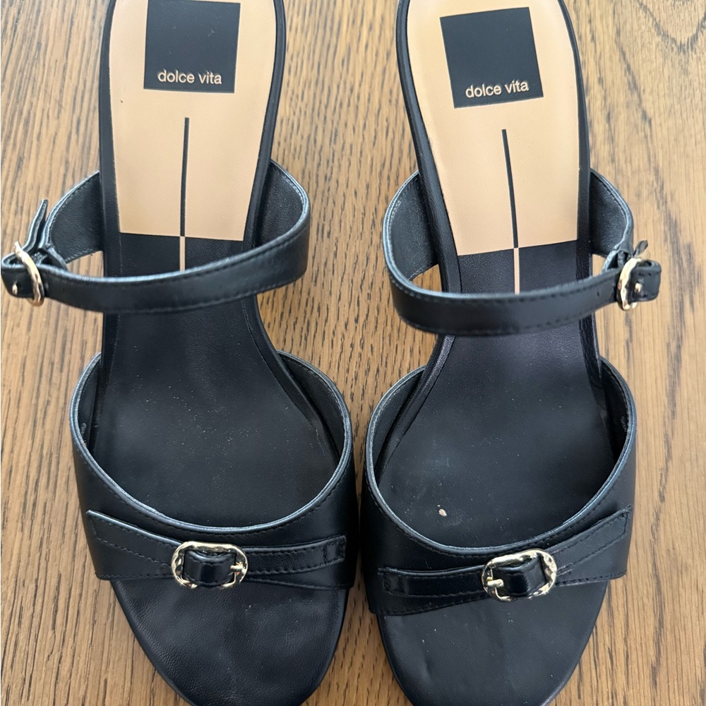 Dolce Vita Black Open-Toe Heeled Sandals with Gold Buckles